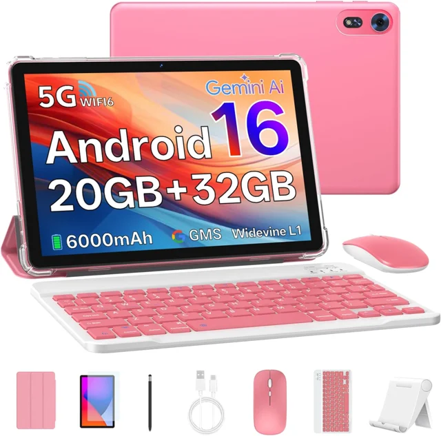 EDUAITABLET 10 Inch Android 16 Tablet with Keyboard, Pink